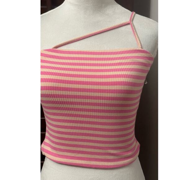 AFRM Women's Bandeau Tank Top Pink Tan Striped One Shoulder Adjustable M NWOT - Picture 3 of 9